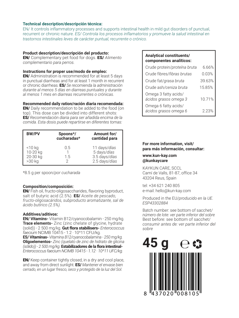Enterokun Mild Chiens (45 g) Supplément pour leur Santé Intestinale