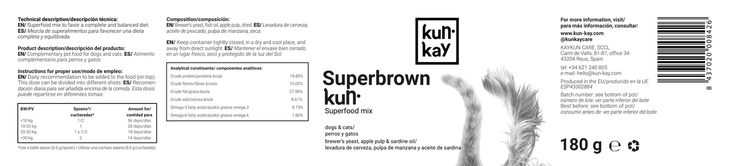 Superbrownkun (Cães e Gatos - 180 g) Suplemento natural para uma dieta completa e equilibrada