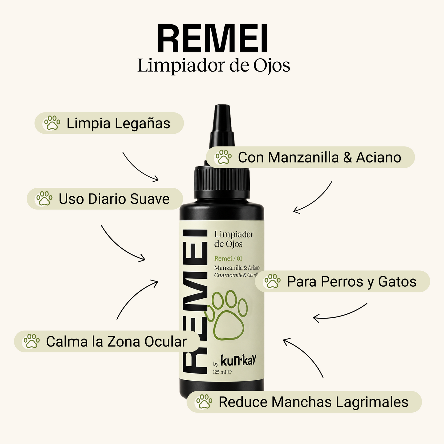 REMEI - Limpiador de Ojos con Manzanilla y Aciano para perros y gatos 125 ml