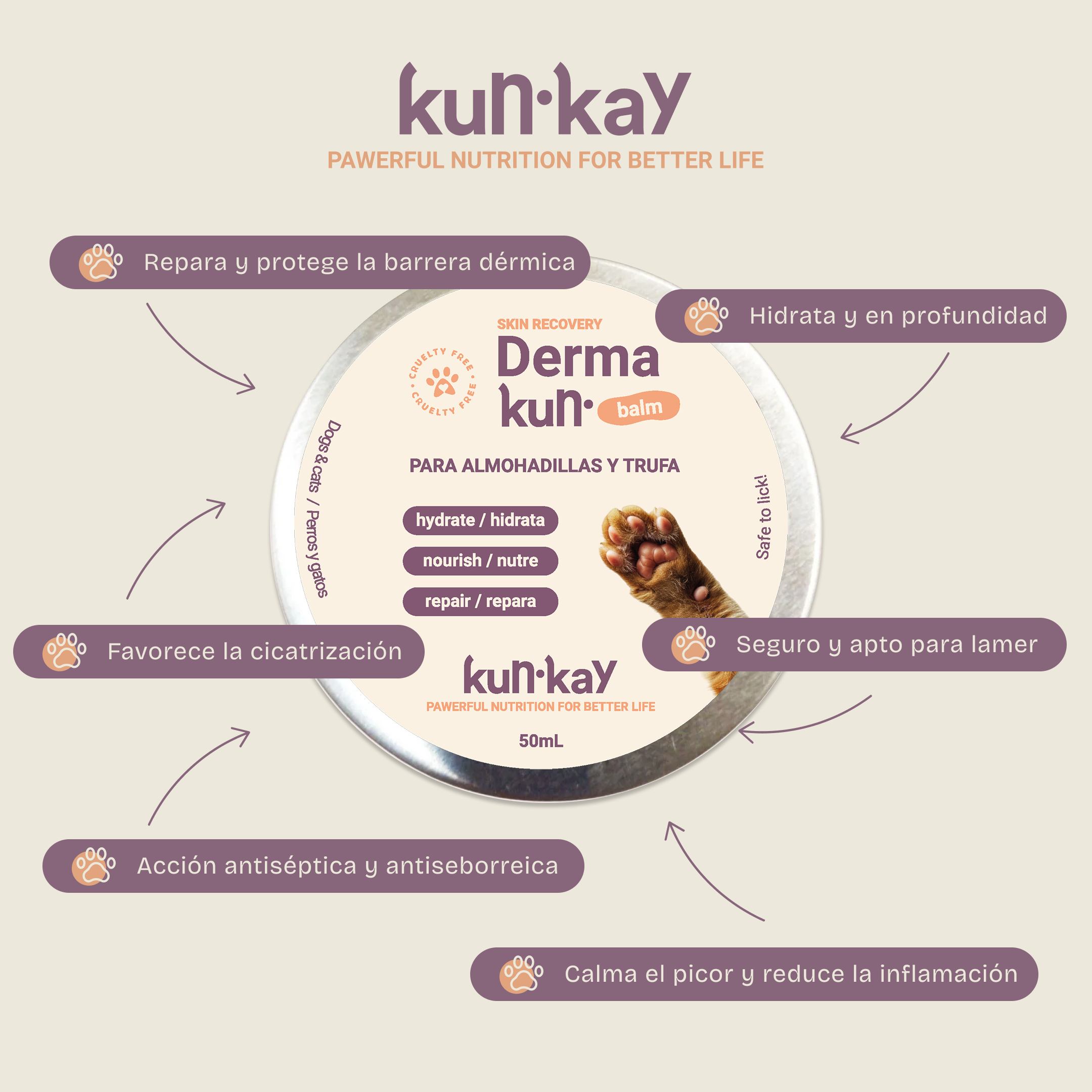 Dermakun balm (Perros y gatos - 50 ml) Bálsamo natural para almohadillas y trufa